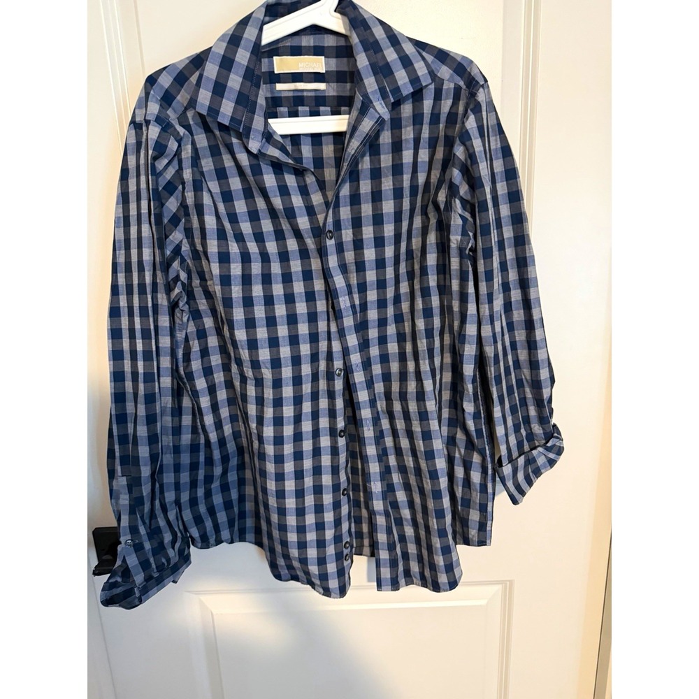 Michael Kors Slim Fit Blue/Gray Check Cotton Woven Button-Down Shirt Mens L